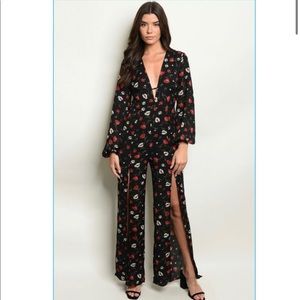 Black / Red Floral Boho Open Split wide Jumpsuit